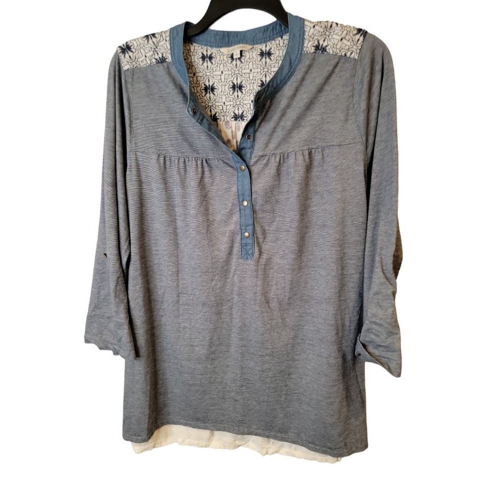 John Mark Size Large Womens Top Henley Knit Multi Media Embroidered Tunic